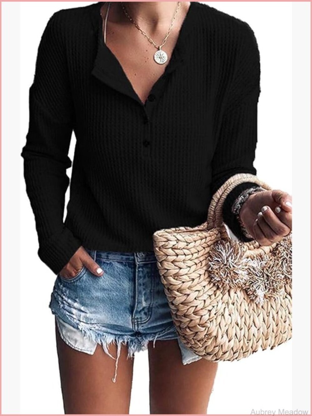 Women's Waffle Knit Tunic Top Long Sleeve Button Up V Neck Henley